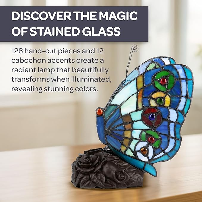 Lavish Home Tiffany Style Butterfly Lamp - Stained Glass Table or Desk Light LED Bulb Included - Colorful Vintage Look Butterfly Décor