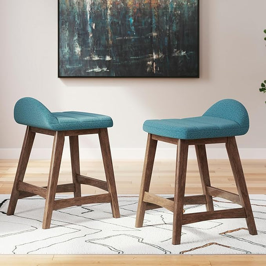 Signature Design by Ashley Lyncott Contemporary 24.25" Seat Height Counter Height Upholstered Bar Stool with Foam Cushion, 2 Count, Blue Fabric, Solid Hardwood Frame with Brown Finish