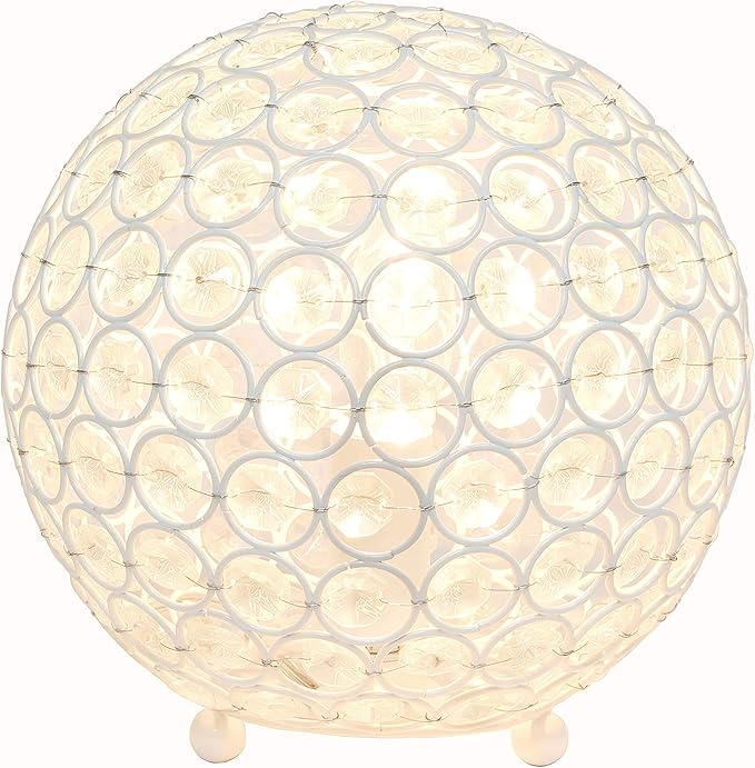 Elegant Designs LT1026-WHT 8" Elipse Crystal Collection Metal Crystal Ball Sequin Table Desk Lamp for Accent Lighting, Décor, Living Room, White