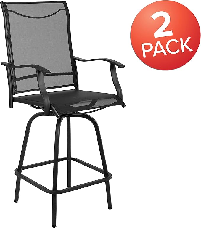 Flash Furniture Valerie All-Weather Swivel Patio Barstools with Footrest and Armrests, Modern Sling Outdoor Bar Height Stools, Set of 2, Black
