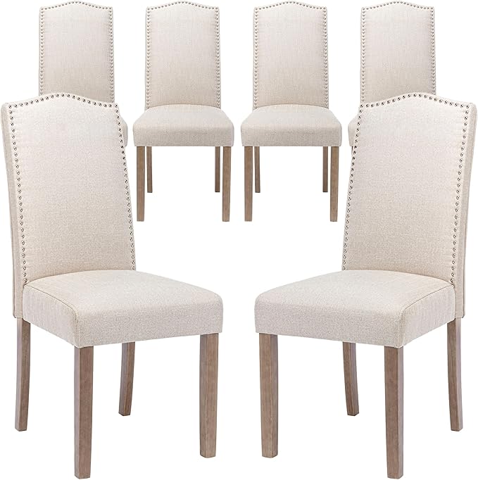 Upholstered Dining Chair Modern Stylish Parsons Kitchen Diner High Back with Silver Nailhead Trim & Wood Legs, Set of 6, Fabric Beige