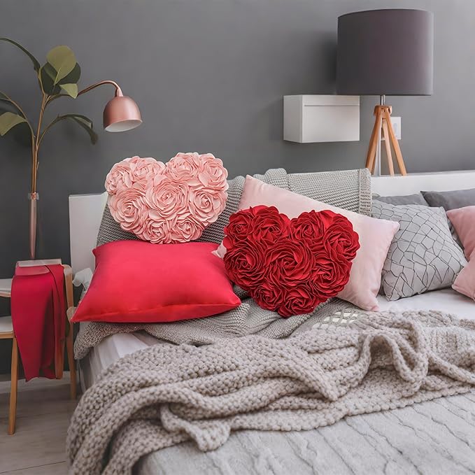 JWH Heart Flower Throw Pillow Covers Decorative Floral Shaped Accent Cushion Soft Pillowcase for Sofa Couch Living Room Bed Chair 14x16 Inches Pink