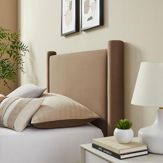Modway Rael Twin Platform Bed Frame with Upholstered Headboard and Footboard in Taupe – Stain-Resistant Performance Velvet Twin Size Bed with Rounded Posts