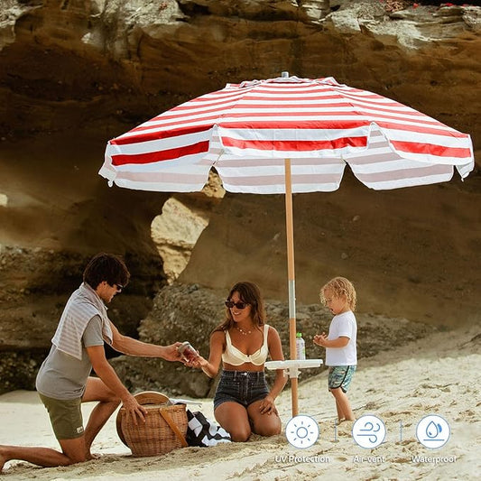 AMMSUN 7.5ft Heavy Duty HIGH Wind Beach Umbrella Commercial Grade Patio Beach Umbrella with Air Vent Ash Wood Pole & Carry Bag UPF50+ Protection Red White