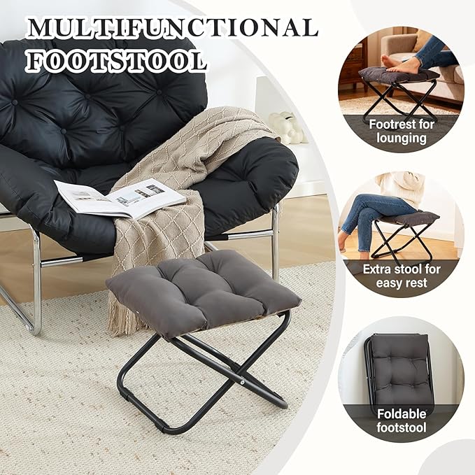 Welnow Folding Foot Stool, Upholstered Small Accent Ottoman with Detachable Thick Cotton Cushion, Padded Sofa Stool with Straight Metal Legs for Lazy Chair, Living Room, Bedroom, Dark Grey