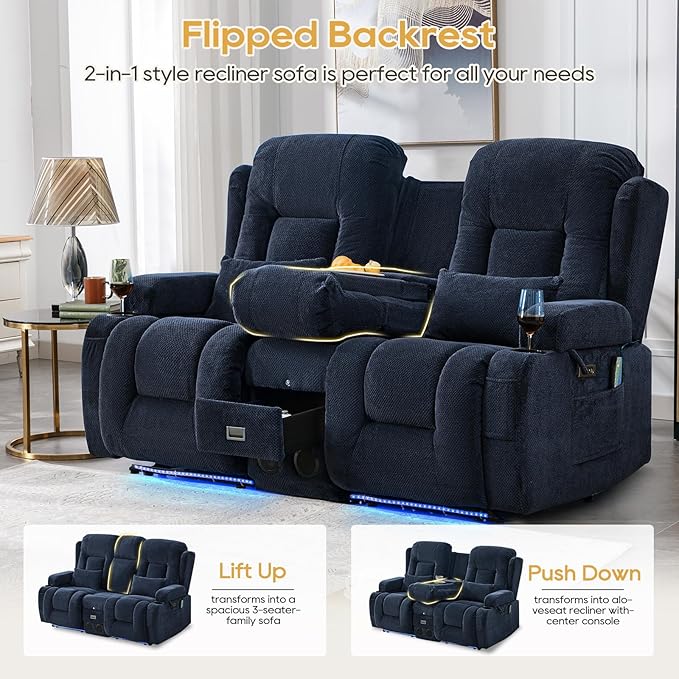 IPKIG Power Recliner Sofa with Flip-Up Backrest Console, USB & USB-C Ports, AC Outlet, LED Lights, Wall Hugger Recliners for Living Room, RV (Navy Blue, 67" - 3 Seat) | Velvet Fabric, Zero Gravity, Dual Reclining, 2 Lumabr Pillow, Bluetooth Speakers