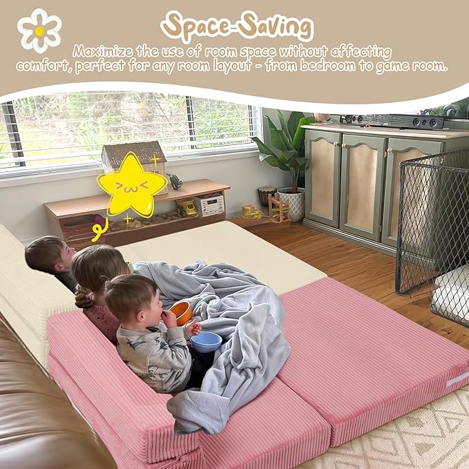 MeMoreCool Folding Sofa for Kids, Corduroy Fold Out Futon Chair, Small Foldable Floor Mattress, Portable Children Couch Sofa, Beige