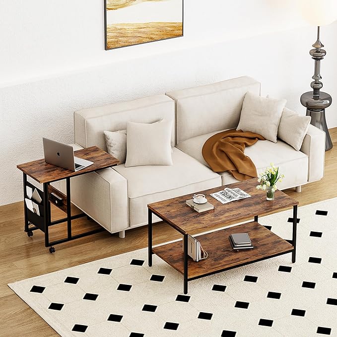 VECELO Coffee Table Set of 2 - Adjustable Height with USB Ports & Wheels, 31.5" and 20" Side and End Tables for Living Room, Bedroom, Apartment, Industrial Style, Rustic Brown