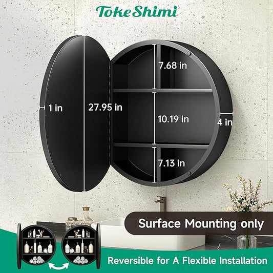 TokeShimi 28 Inch Round Medicine Cabinet for Bathroom with Mirror Surface Mount Only Black Metal Framed Mirrored Bathroom Cabinet Large Modern Farmhouse Circle Wall Mounted Vanity Mirror with Storage