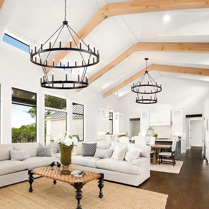47'' Black Wagon Wheel Chandelier 2 Tier 36-Light Large Round Farmhouse Chandelier, Industrial Pendant Light Fixtures for High Ceilings Dining Living Room Entryway Foyer
