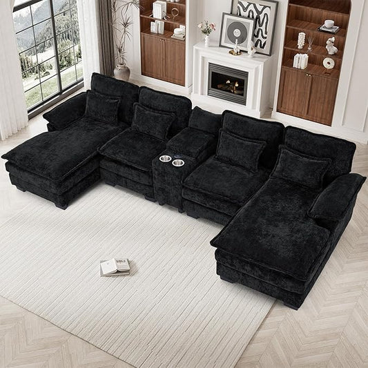 133" Oversized U Shaped Cloud Couch Modular Sectional Couches for Living Room Comfy Chenille Deep Seat Sofa Set with Double Chaise Lounge, Storage Central Console, Cup Holders, USB Port, Dark Black