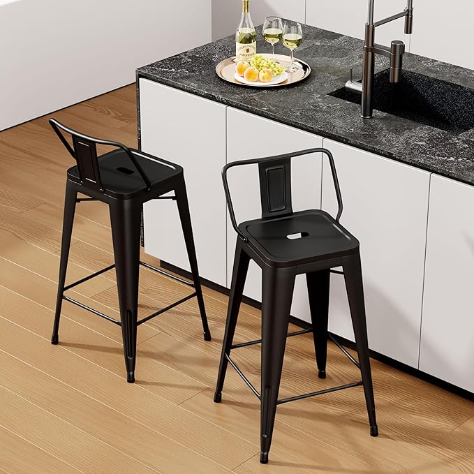 Tongli Metal Bar Stools Set of 2 Counter Stools Metal Bar Chairs Stools Counter Height Barstools Indoor Outdoor (Matte Black, 2PCS-24)