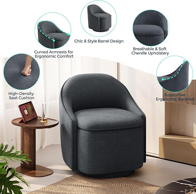 LINSY Swivel Accent Chair Set of 2, Comfy Chenille Barrel Chairs with Storage 360 Swivel Modern Armchair for Living Room Bedroom, Small Boucle Reading Chair for Study Room (Grey)