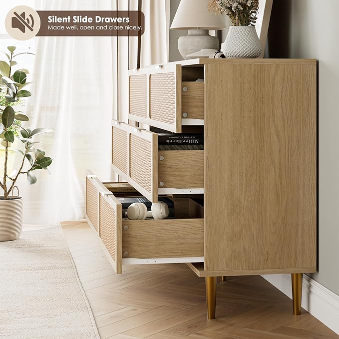GarveeHome Rattan 6 Drawer Dresser for Bedroom, Large Double Dresser with Deep Drawers, Wooden Chest of Drawers for Closet with Wide Top, for Living Room, Hallway, Kids Room, Natural
