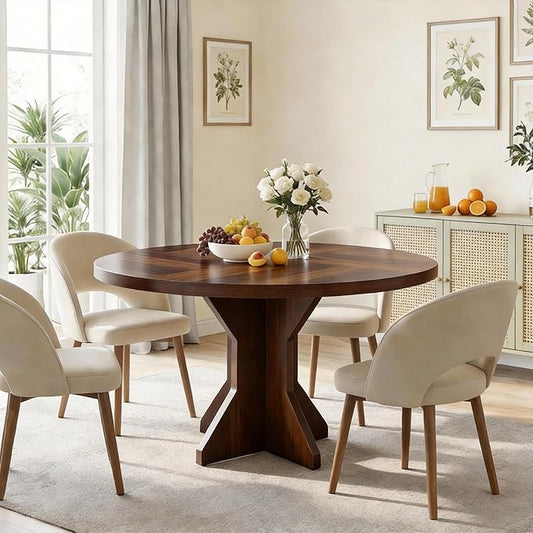 IDEALHOUSE Round Dining Table, 47" Kitchen Table for 4-6 People, Circle Tables with Sturdy Pedestal Base, Space Saving Dinning Room Furniture for Living Room, Kitchen, Apartment, Walnut