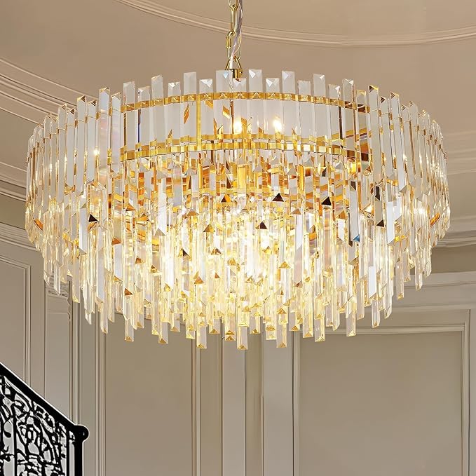 Gold Crystal Chandelier Modern Chandeliers Raindrop Lighting Pendant Lights Fixtures Ceiling for Living Room Dining Rooms Entryway Round Hanging D27.55''