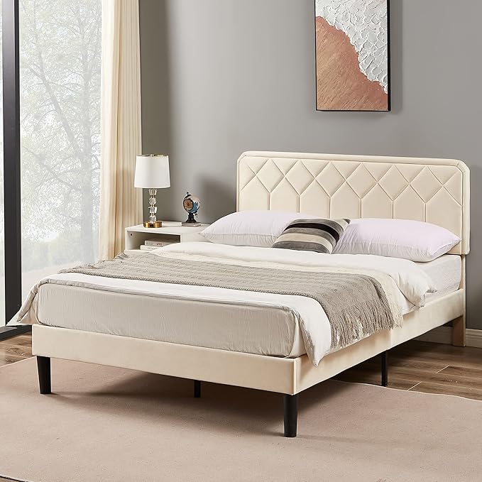 VECELO Queen Size Bed Frame Premium Velvet Upholstered Platform with Height Adjustable Headboard/Mattress Foundation, Solid Wooden Slat Support, No Box Spring Needed/Easy Assembly