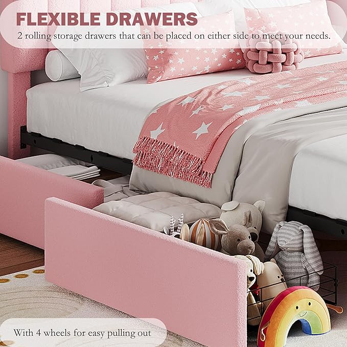 IDEALHOUSE Twin Bed Frame for Kids, Boucle Upholstered Platform Bed for Girls with 2 Flexible Drawers, Bookcase Headboard, Noise-Free, Easy Assembly, No Box Spring Needed, Pink
