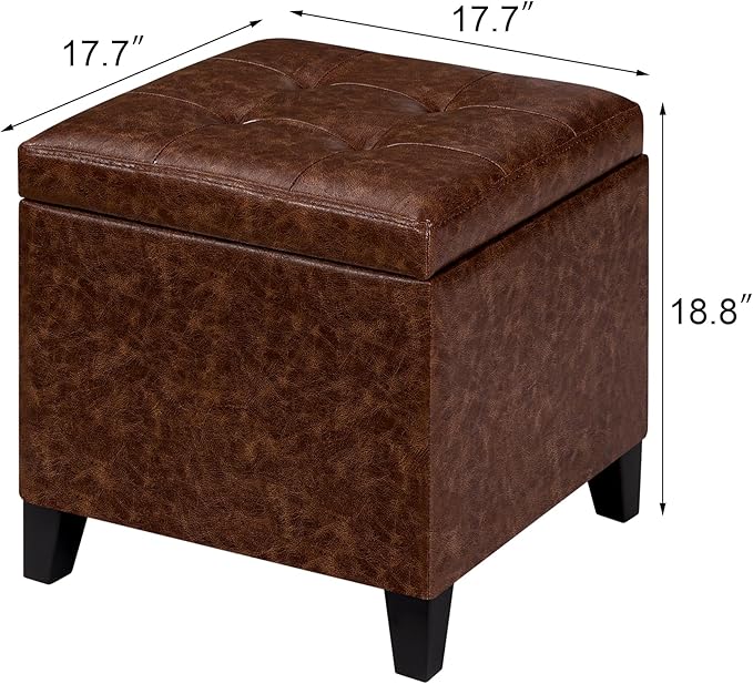 Adeco 18" Faux Leather Storage Ottoman with Hinged Lid, Mid-Century Modern Foot Rest Stool with Solid Wood Legs, Small Coffee Table & Shoe Bench for Living Room, Bedroom, Brown