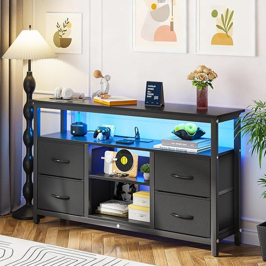 Haewon Black TV Stand with LED Lights and Power Outlets, Entertainment Center for 55 inch TV, Media Console Table with 4 Fabric Drawers and Open Shelf for Living Room, Wood Top and Metal Frame