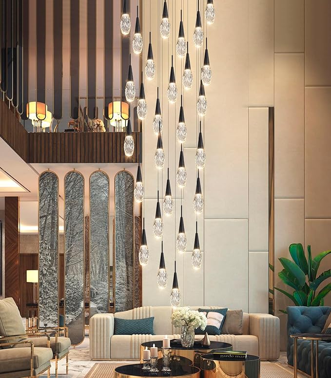 28-Lights 177 Inches Modern Chandelier LED Light Fixtures High Ceiling Long Light Chandelier for Entrance Foyer Dimmable Lights with Remote Living Room Ceiling Pendant Lighting Drop Lights Black