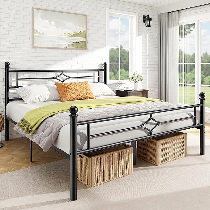 Queen Size Metal Platform Bed Frame with Vintage Headboard and Footboard, Sturdy Queen Bed Frame, 12.5 Inch Under Bed Space, No Box Spring Needed, Easy to Assemble, Noise Free, Black