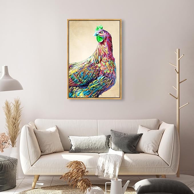 Country Farmhouse Canvas Print Painting Animal Wall Art 'Fun Colorful Glam Rooster' Gold Framed Canvas Rustic Home Décor 20x30 in Pink, Green by Oliver Gal