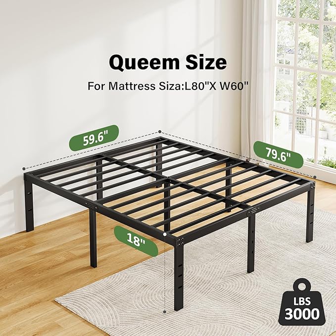 DTIG 18 Inch Queen Bed Frame No Box Spring Needed, Metal Platform Bed Frame Queen Size, Easy Assembly Heavy Duty Noise Free Tall Bed Frame, Black