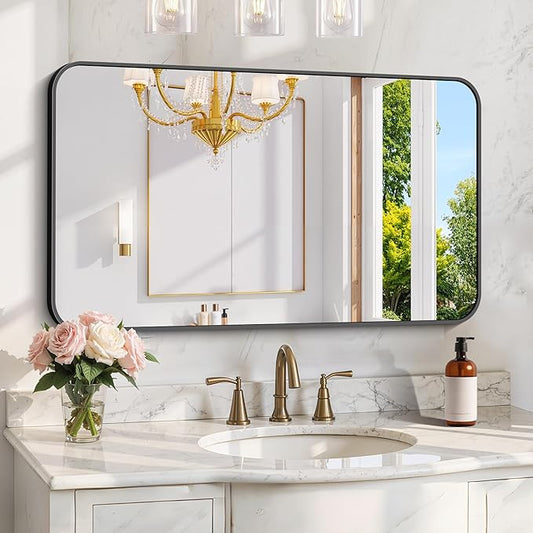 KOCUUY Black Mirror, 30x48 Inch Rectangle Bathroom Mirror with HD Tempered Glass, Anti-Rust Frame, Vanity Mirror with Rounded Corner for Bathroom, Living Room, Entryway, Hang Horizontal/Vertical