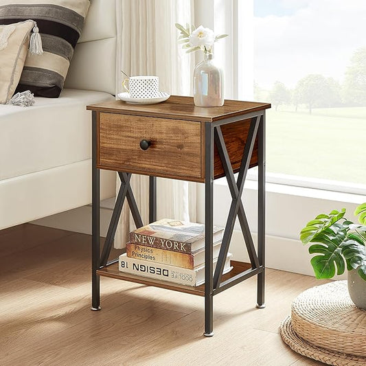 VECELO Night Stand Set of 2, End Tables with Drawer, 2-Tier Bedside Tables with X Shaped, Side Table Stand with Storage Shelf for Living Room/Bedroom,Rustic Brown
