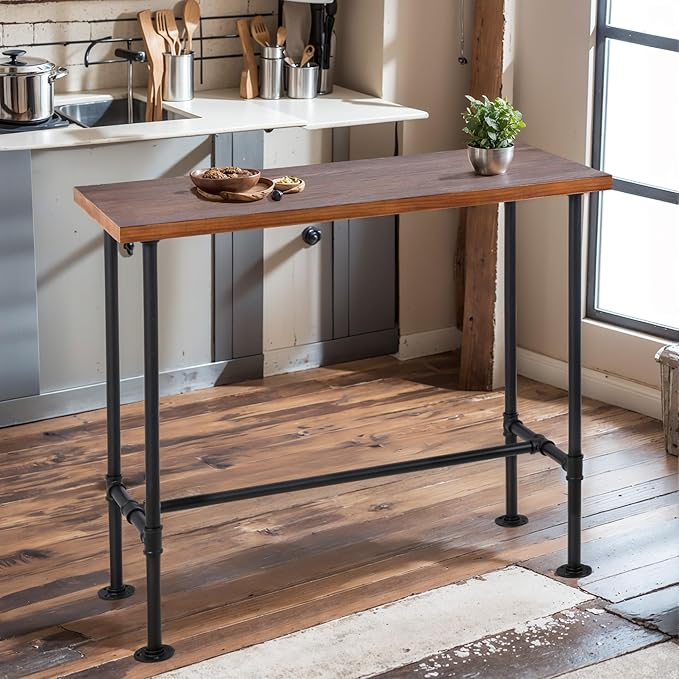 LOKKHAN Rectangular Dining Table for 4, (47.3" L x 41.3" H x 23.6" W), Heavy Duty Metal Pipe, Solid Wood Desktop, Home Kitchen Bar Office Cafe Pub, Rustic Industrial, Black & Brown