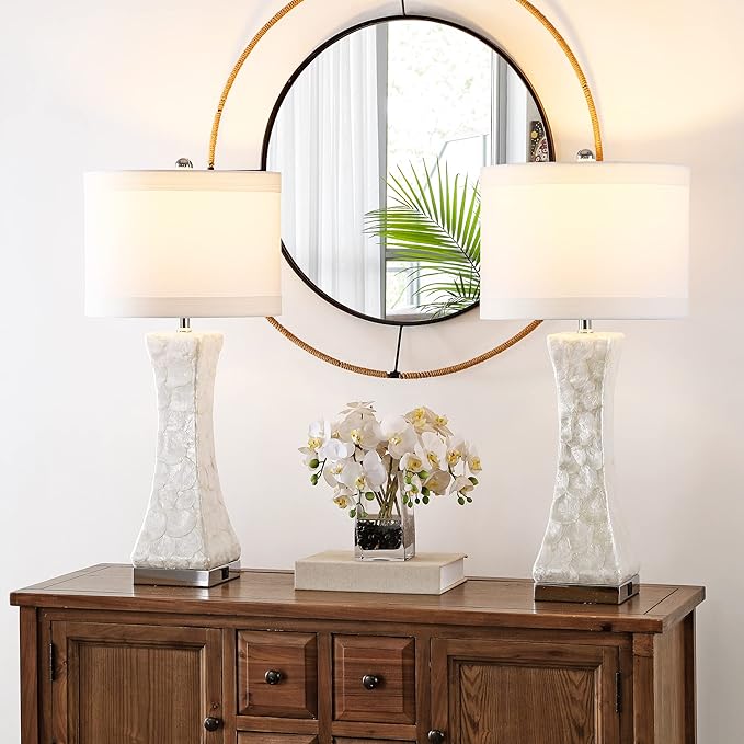 SAFAVIEH Lighting Collection Shelley White Concave 31-inch Table Lamp Set of 2 with USB Charging Port (LED Bulbs Included)