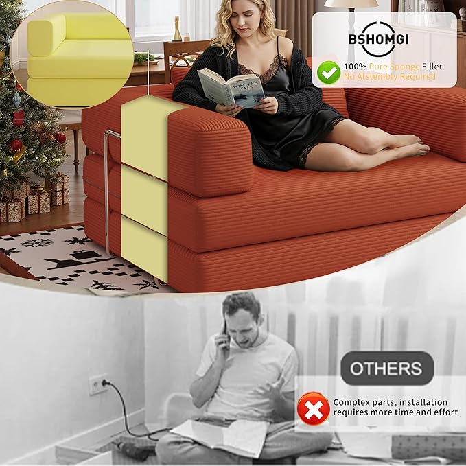 BSHOMGI Folding Sofa Bed, 4 in 1 Convertible Sofas to Lounger Comfy Single Bean Bag Chair Floor Portable Foldable Sleeper Lazy Futon Couch Chair for Bedroom, Living Room (Orange, 53.15" Double Sofa)
