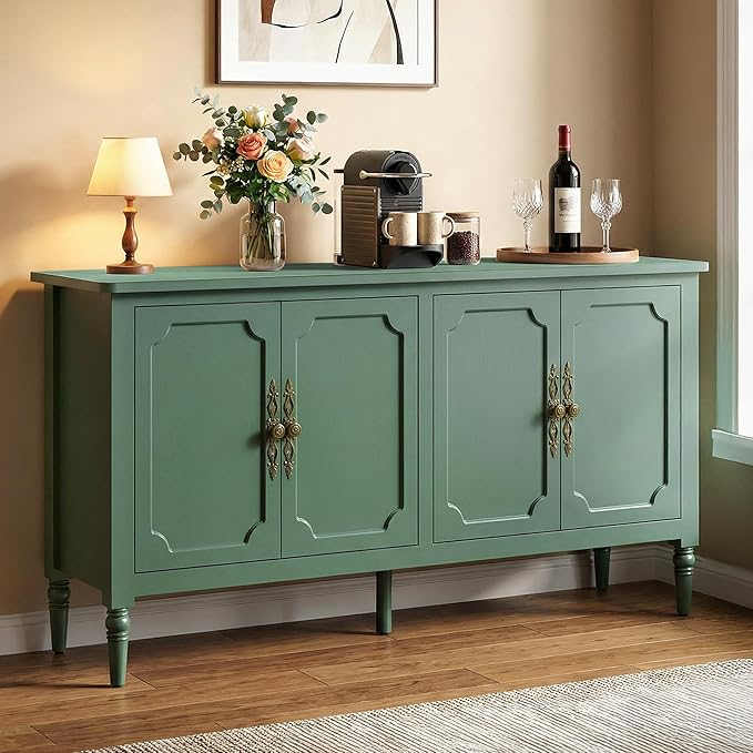 RoyalCraft 59" Buffet Cabinet with Storage, Vintage Sideboard with Adjustable Shelves & Carved Handle, Mid Century Modern Painted Credenza Coffee Bar for Kitchen, Dining Room, Forest Green