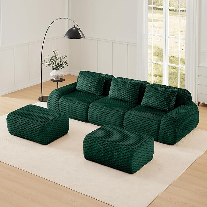 KEIKI 114" Oversized 3-Seater Boneless Couches for Living Room, Compact Modular Sectional Velvet Sofa U-Shaped, Deep Seat Cozy Foam No Assembly Couch for Small Space, Modern Comfort Design, Green