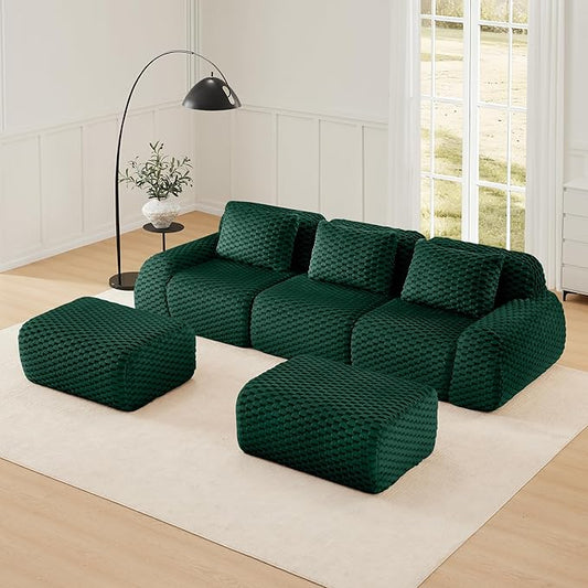KEIKI 114" Oversized 3-Seater Boneless Couches for Living Room, Compact Modular Sectional Velvet Sofa U-Shaped, Deep Seat Cozy Foam No Assembly Couch for Small Space, Modern Comfort Design, Green