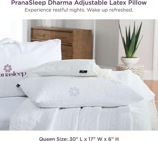 PranaSleep Dharma Adjustable Latex Pillow, Back, Stomach, and Side Sleeper Pillows for Adults, Bedding Essentials for Hot Sleepers, Queen Size, 30" L x 17" W x 6" H