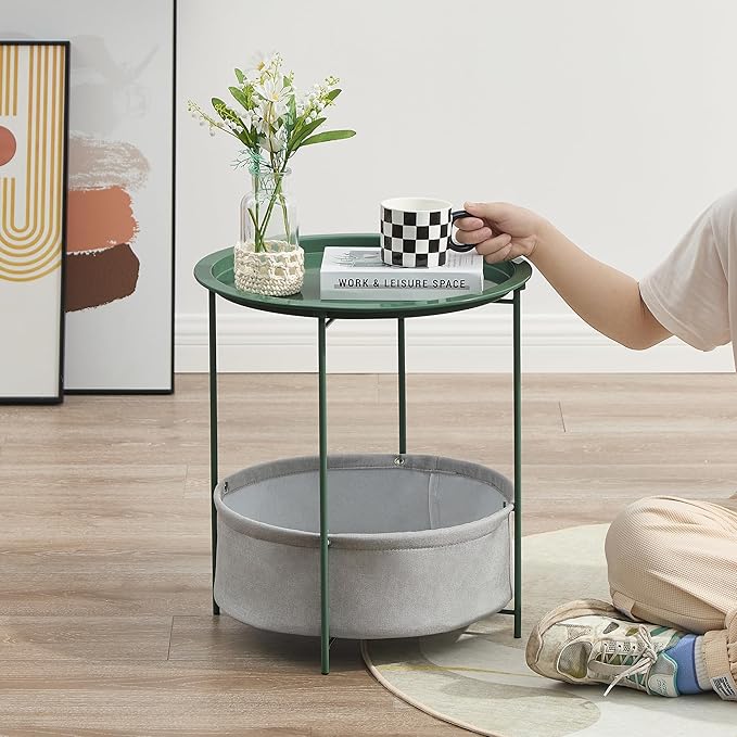 VECELO Round Side/End Table with Fabric Storage Basket，Metal Anti-Rust and Waterproof Small Bedside Nightstand with Removable Tray Top for Living Room，Balcony & Laundry，Dark Green /1pcs with Basket