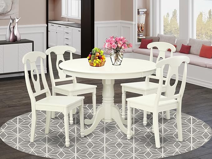 East West Furniture HLKE5-LWH-W 5 Piece Dining Room Table Set Includes a Round Kitchen Table with Pedestal and 4 Dining Chairs, 42x42 Inch, Linen White
