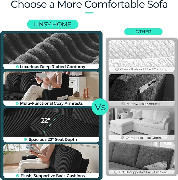 LINSY HOME Sectional Sleeper Sofa with Pull Out Couch Bed - Convertible Plush Corduroy Cloud Couches with Storage Chaise & USB Charging, Comfy Modular Couch for Living Room, Black