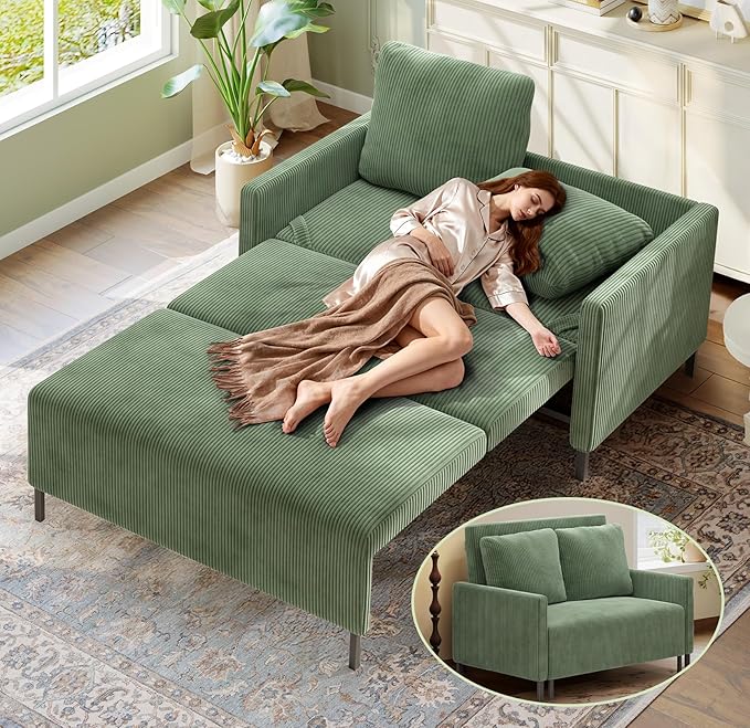 Welzona 47.2" Convertible Sofa Bed Couch, Comfy Corduroy Couch Bed, All in 1 Loveseat Sleeper Sofa, Love Seat Sleeper Bed with 2 Pillows, Modern Couches for Living Room/Apartment/Office, Olive Green