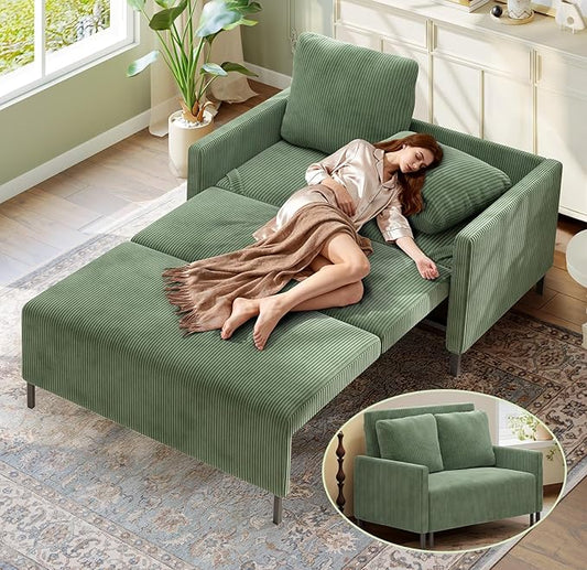 Welzona 47.2" Convertible Sofa Bed Couch, Comfy Corduroy Couch Bed, All in 1 Loveseat Sleeper Sofa, Love Seat Sleeper Bed with 2 Pillows, Modern Couches for Living Room/Apartment/Office, Olive Green