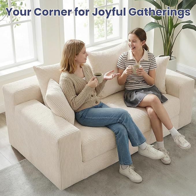 3-in-1 Convertible Sofa Bed: Boneless Loveseat Sleeper & Folding Couch Bed with 4 Pillows & Detachable Cushion for Bedroom, Small Space, Guest and Living Room, Corduroy Futon, No Assembly,Beige