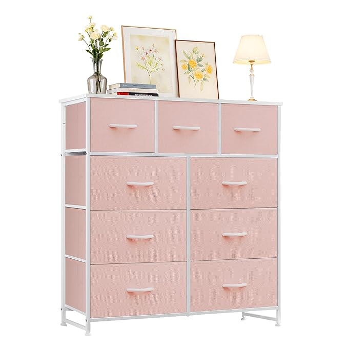 Dresser with 9 Drawers for Bedroom, Fabric Clothes Cabinet for Closet, Anti-Tip Storage Dresser with Metal Frame for Living Room, Entryway, Dorm, Pink