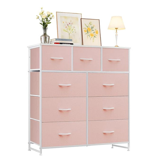 Dresser with 9 Drawers for Bedroom, Fabric Clothes Cabinet for Closet, Anti-Tip Storage Dresser with Metal Frame for Living Room, Entryway, Dorm, Pink