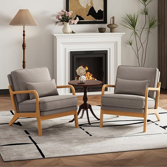 Modern Accent Chair Set of 2 with Lumbar Pillow, Relaxing Mid Century Chair Armchair with Solid Wood Frame & Soft Cushion, Reading Leisure Armchair for Living Room, Grey