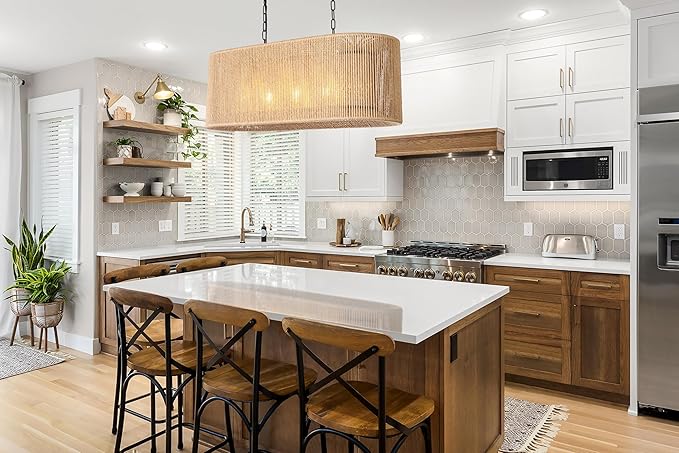 Wellmet Boho Chandelier Light Fixture 42 Inch, Farmhouse Rattan Pendant Light for Dining Room, Rustic Rectangular Chandeliers for Living Room, Bedroom, Kitchen Island (Rattan, 33 Inches)
