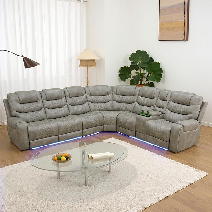 Power Recliner Sectional Sofa with LED Light, Breathing Leather Recliner Sofa Couch with Storage/Cup Holder for Living Room Home Office Theater (Grey-1)