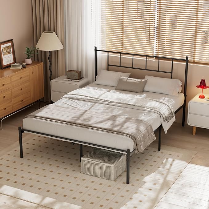 VECELO Queen Metal Platform Bed Frame with Headboard, Heavy Duty Steel Slat Support, Under Bed Storage,No Box Spring Needed, Easy Assembly