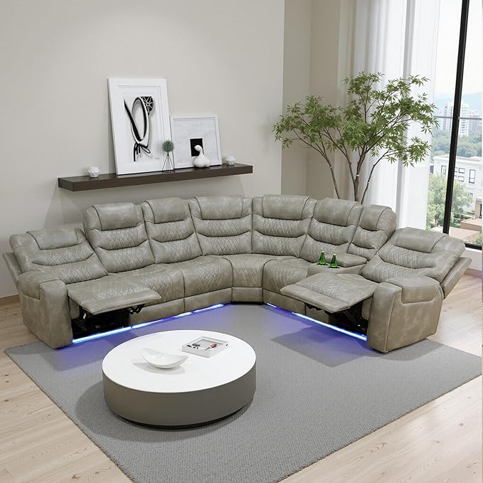 Power Recliner Sectional Sofa with LED Light, Breathing Leather Recliner Sofa Couch with USB Port/Cup Holder/Storage for Living Room (6 Seat Reclining Sectional Couch (Grey)